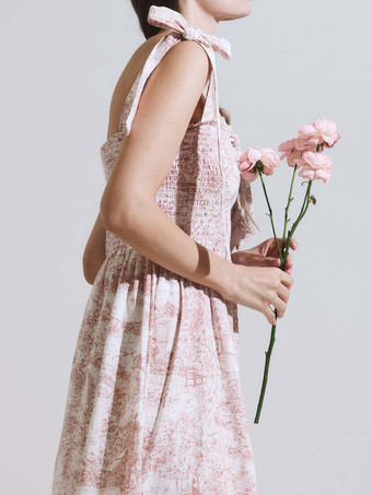 2025年夏向け、風景プリントのスクエアネックシャーリングロングドレス