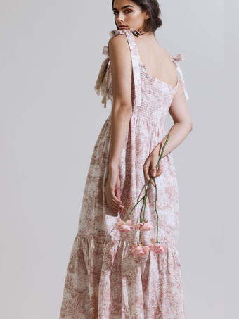 2025年夏向け、風景プリントのスクエアネックシャーリングロングドレス