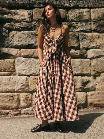 Boho Gingham Long Slip Dress With Deep V-Neck 2026