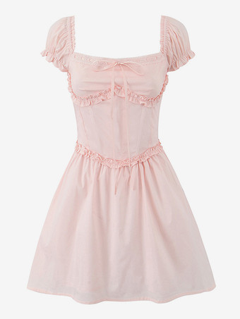 ソフトピンクのオフショルダーミニドレス（パフスリーブ付き）2025