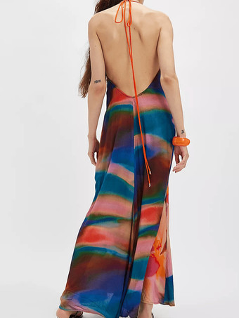 ホルターネックのマルチカラープリントマキシボヘミアンドレス 2025