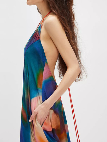 ホルターネックのマルチカラープリントマキシボヘミアンドレス 2025