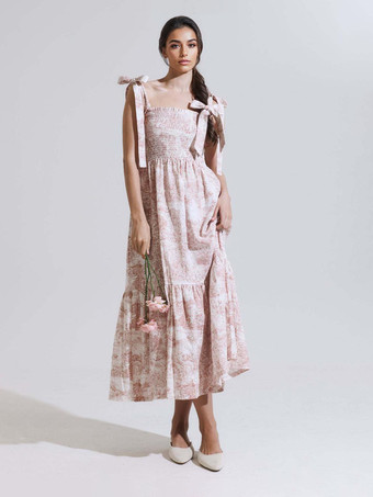 レッド 2025年夏向け、風景プリントのスクエアネックシャーリングロングドレス