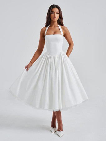 ホワイト ソフトピンクのホルターネックAラインミディ丈パーティードレス（レディース）2025