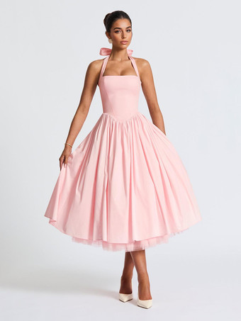 ピンクソフトピンクのホルターネックAラインミディ丈パーティードレス（レディース）2025