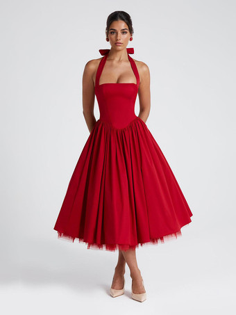 レッド ソフトピンクのホルターネックAラインミディ丈パーティードレス（レディース）2025