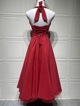 ソフトピンクのホルターネックAラインミディ丈パーティードレス（レディース）2025