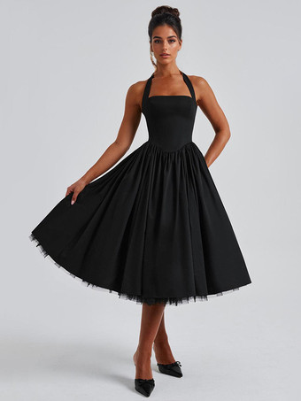 ブラック ソフトピンクのホルターネックAラインミディ丈パーティードレス（レディース）2025