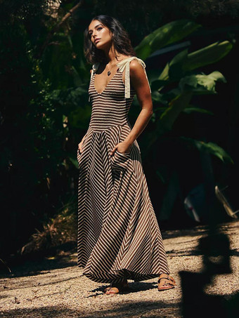 ダークグレー 2025年の夏休みにぴったりのボヘミアン風ストライプVネックマキシドレス