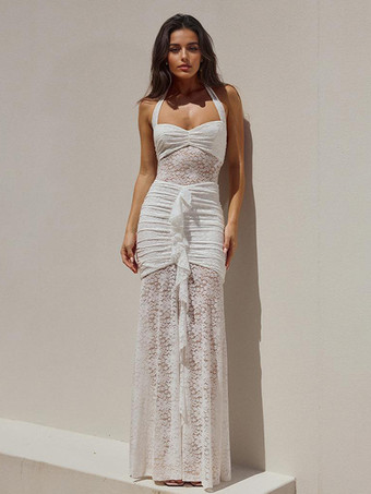 ホワイト バターイエローのホルターネックレースハイスリットマキシパーティードレス 2025