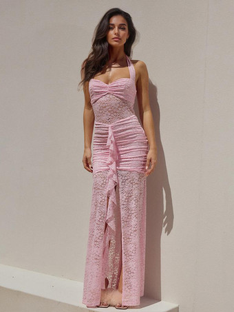 ピンクバターイエローのホルターネックレースハイスリットマキシパーティードレス 2025