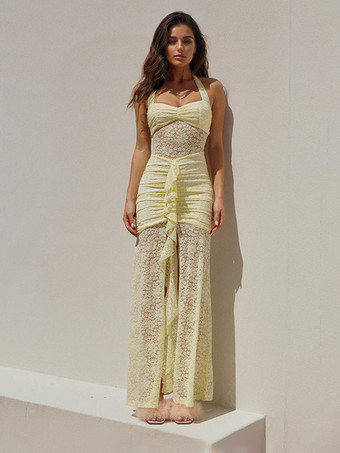 イエローバターイエローのホルターネックレースハイスリットマキシパーティードレス 2025