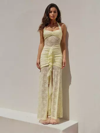 yellow lace high neck dress CULT MIA X I.H.F STUDIO FLORAL GARDEN YELLOW LACE DRESS