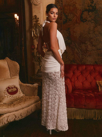 3Dフラワースカート付きホワイトホルターネックマキシドレス 2025