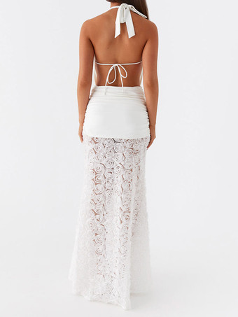 3Dフラワースカート付きホワイトホルターネックマキシドレス 2025