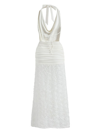 3Dフラワースカート付きホワイトホルターネックマキシドレス 2025