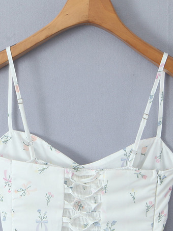 フローラルプリントのスウィートハートネックラインのミニドレス（バックシャーリング付き）2025