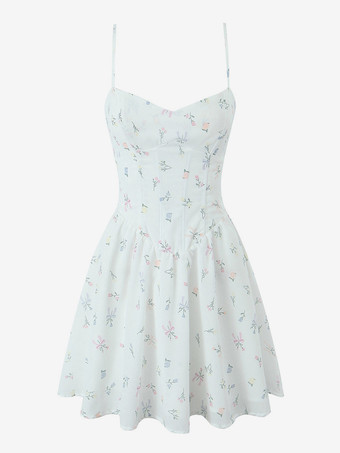 フローラルプリントのスウィートハートネックラインのミニドレス（バックシャーリング付き）2025