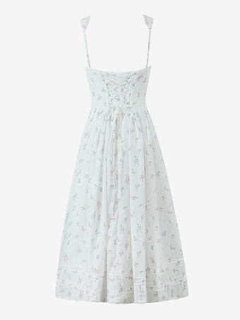 2025年夏向けフローラルプリントのハートネックラインAラインミディドレス