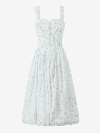 2025年夏向けフローラルプリントのハートネックラインAラインミディドレス