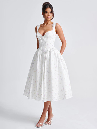 2025年夏向けフローラルプリントのハートネックラインAラインミディドレス