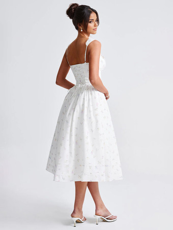 2025年夏向けフローラルプリントのハートネックラインAラインミディドレス