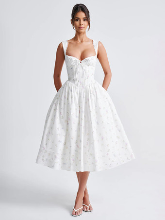 ホワイト 2025年夏向けフローラルプリントのハートネックラインAラインミディドレス