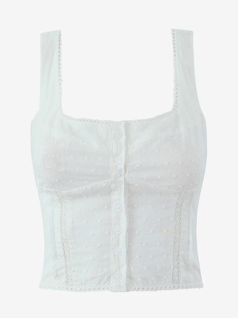 スクエアカラーのホワイトクロップトップ（フロントボタン付き）2025