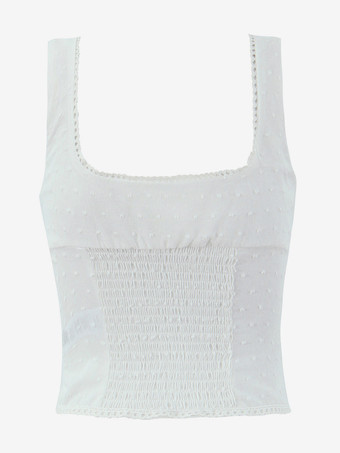 スクエアカラーのホワイトクロップトップ（フロントボタン付き）2025