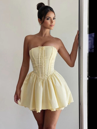 イエローバターイエローのノースリーブ、レーストリム、バックレースアップのミニコルセットドレス 2025