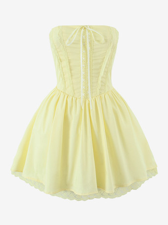 バターイエローのノースリーブ、レーストリム、バックレースアップのミニコルセットドレス 2025