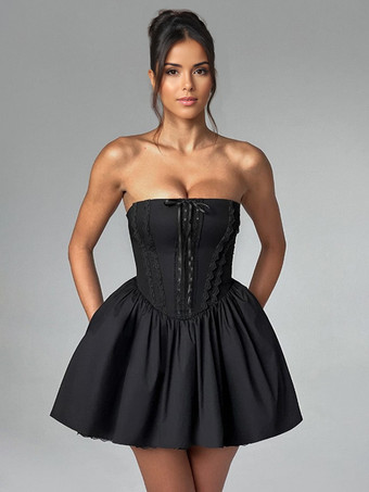 ブラック バターイエローのノースリーブ、レーストリム、バックレースアップのミニコルセットドレス 2025