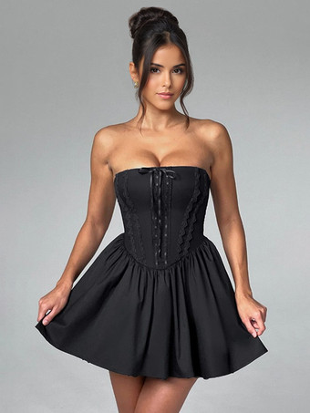 バターイエローのノースリーブ、レーストリム、バックレースアップのミニコルセットドレス 2025