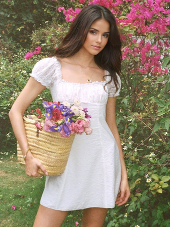 ホワイト レース半袖ミニドレス（ホワイト）2025