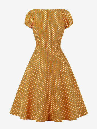 パフスリーブとフロントタイが付いた水玉模様のミディ丈ヴィンテージドレス 2025