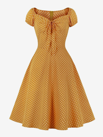 イエローパフスリーブとフロントタイが付いた水玉模様のミディ丈ヴィンテージドレス 2025