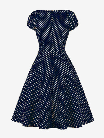 パフスリーブとフロントタイが付いた水玉模様のミディ丈ヴィンテージドレス 2025