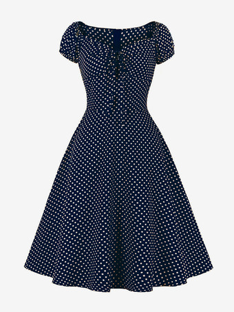 ダークネイビーパフスリーブとフロントタイが付いた水玉模様のミディ丈ヴィンテージドレス 2025
