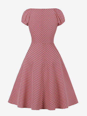 パフスリーブとフロントタイが付いた水玉模様のミディ丈ヴィンテージドレス 2025