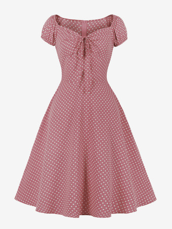 ピンクパフスリーブとフロントタイが付いた水玉模様のミディ丈ヴィンテージドレス 2025