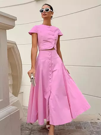 Pink Crop Top And High-Waist Long Skirt Two Piece Co-ord Set For Summer 2025