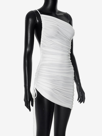 ドローストリングディテール付きホワイトワンショルダープリーツボディコンミニドレス 2025