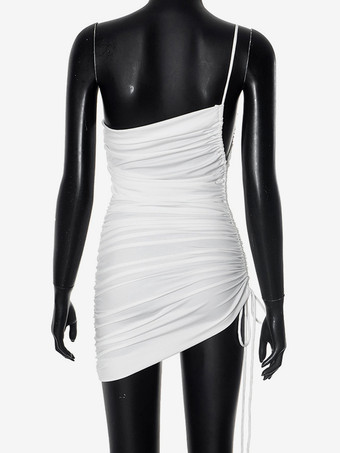 ドローストリングディテール付きホワイトワンショルダープリーツボディコンミニドレス 2025