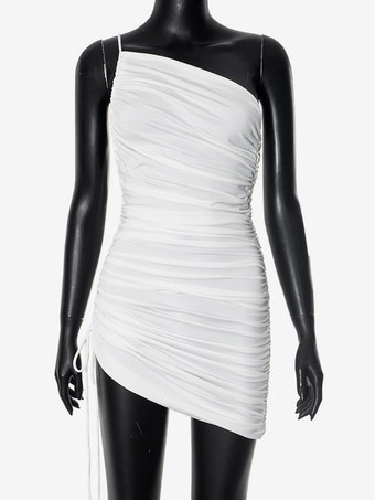ドローストリングディテール付きホワイトワンショルダープリーツボディコンミニドレス 2025