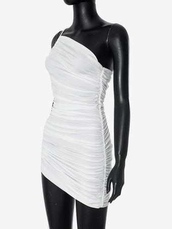 ドローストリングディテール付きホワイトワンショルダープリーツボディコンミニドレス 2025