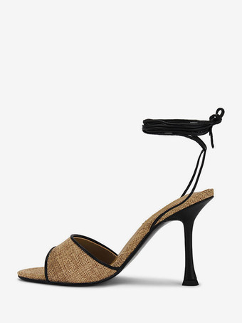 ディープブラウンハイヒールサンダル オープントゥ レースアップ スティレットヒール サンダルシューズ