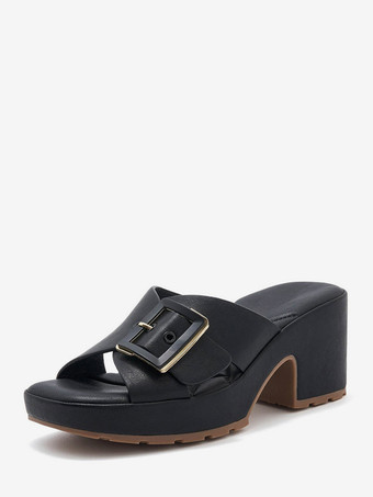 チャンキーヒールスライド レディース オープントゥ バックルディテール サンダルシューズ