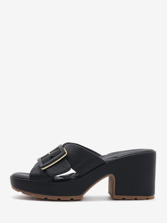ブラック チャンキーヒールスライド レディース オープントゥ バックルディテール サンダルシューズ