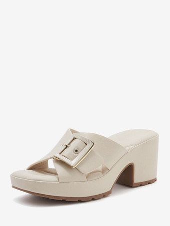 チャンキーヒールスライド レディース オープントゥ バックルディテール サンダルシューズ