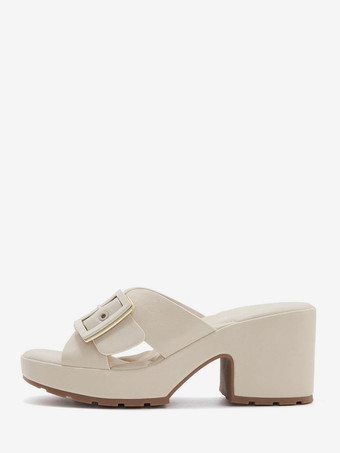 アイボリー チャンキーヒールスライド レディース オープントゥ バックルディテール サンダルシューズ